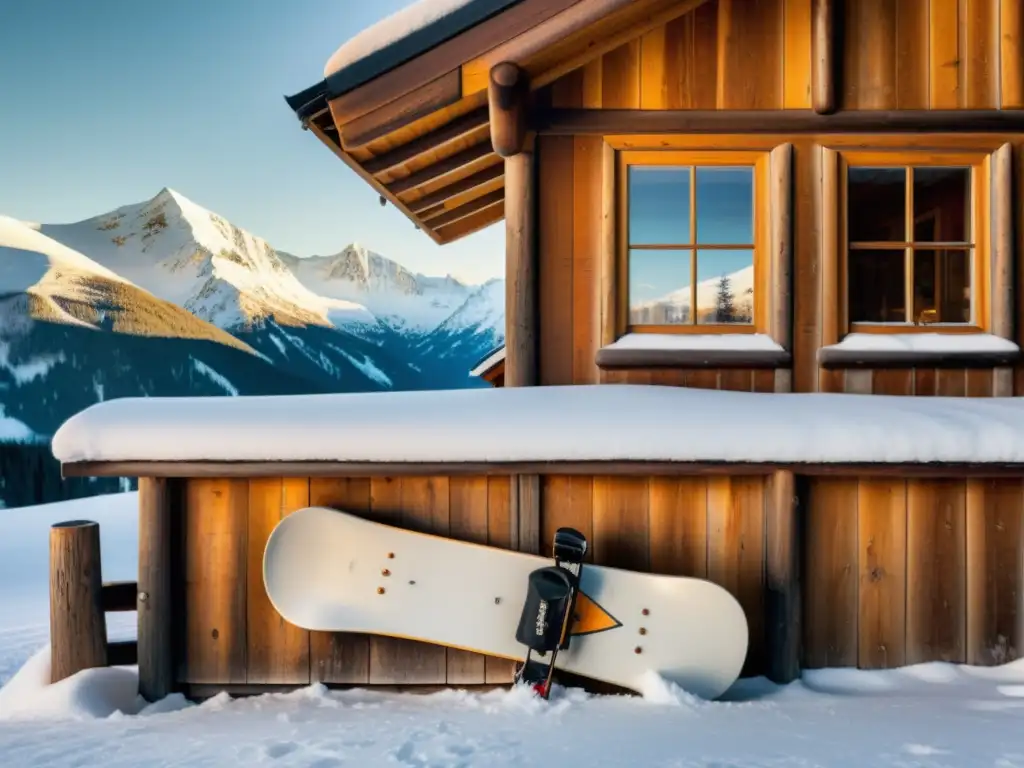 Vintage snowboard descansa sobre cabaña de madera nevada