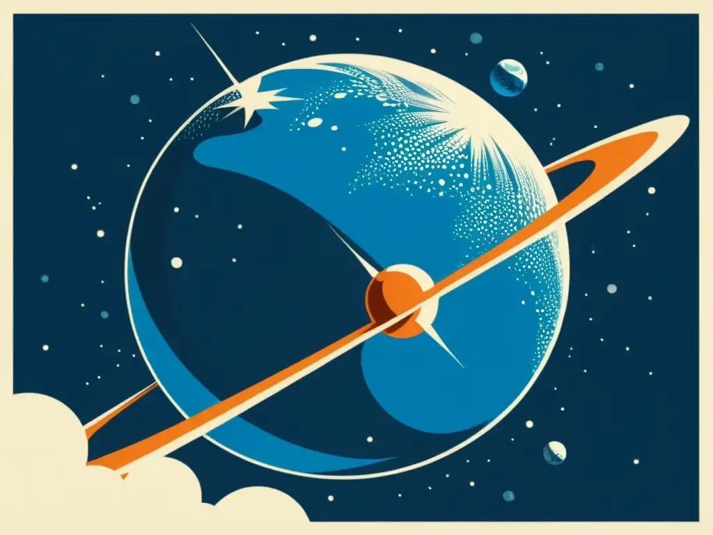 Vintage póster del Sputnik orbitando la Tierra, con detalle y contraste asombroso