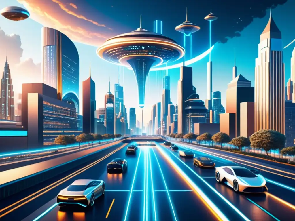 Una ilustración vintage ultradetallada en 8k de una ciudad futurista con edificios metálicos imponentes y coches voladores