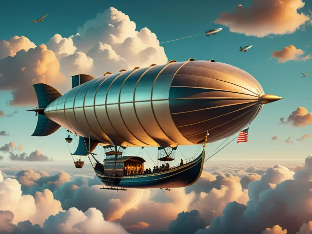 Una ilustración vintage ultradetallada en 8k de un histórico dirigible flotando graciosamente en las nubes, capturando la esencia de los avances en sistemas de navegación aérea en tonos suaves y serenos del cielo