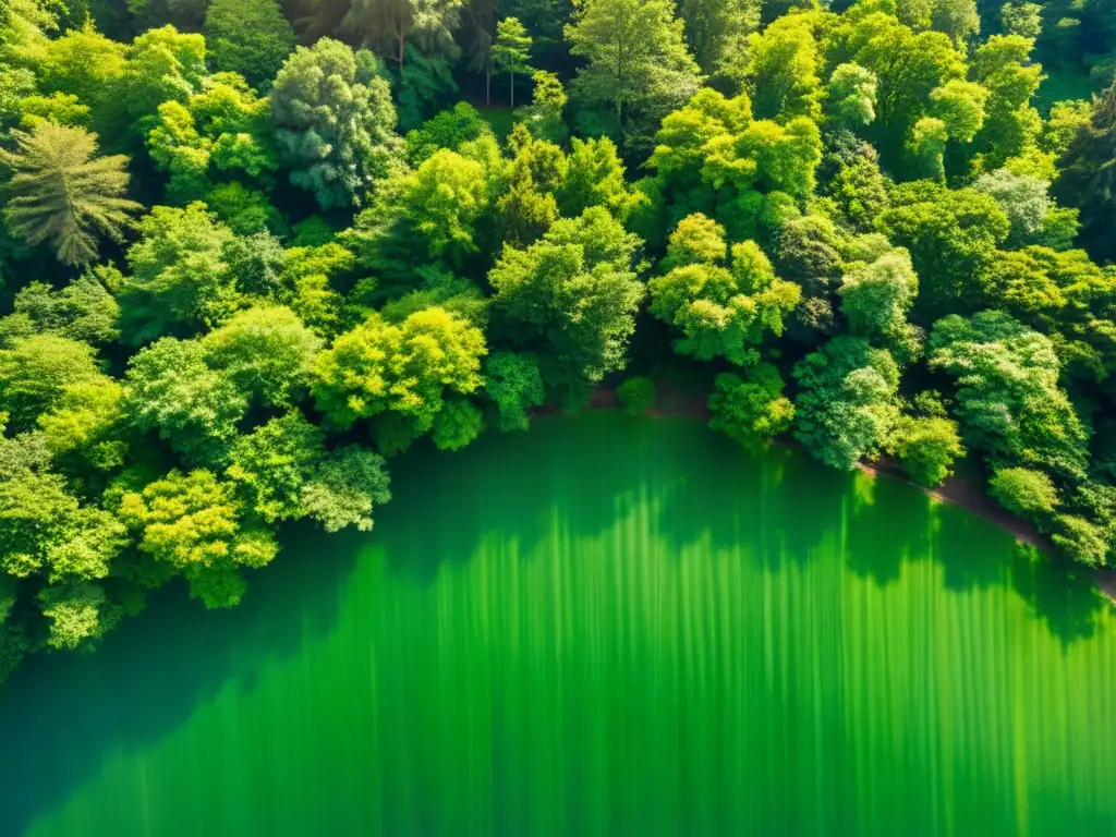 Vista aérea de un bosque verde exuberante con luz solar filtrándose a través de las hojas, creando un ambiente sereno y pacífico