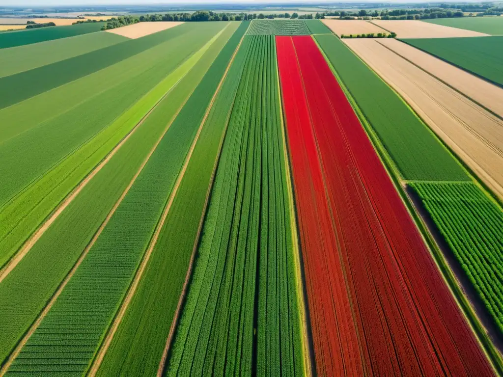 Vista aérea de cultivos verdes y tractor rojo, mostrando el impacto del tractor en agricultura con precisión y productividad