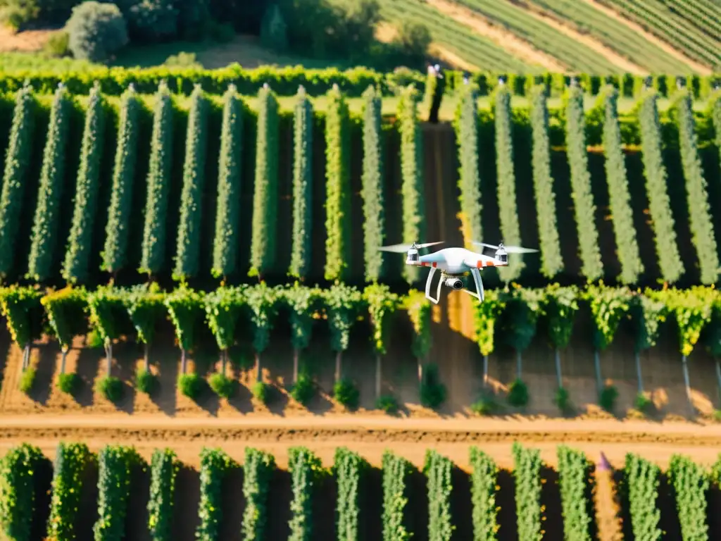 Vista aérea de drones capturando la cosecha en un viñedo, mostrando la revolución de los usos y modelos de drones en la agricultura