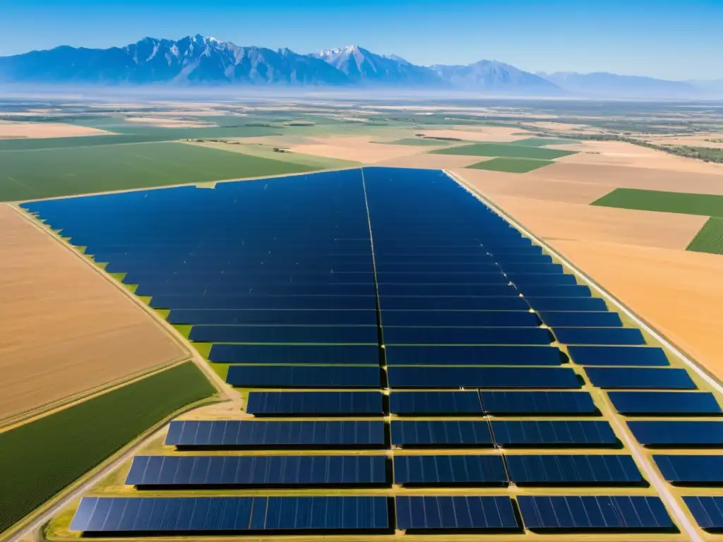 Vista aérea de un extenso campo de paneles solares, desafiando el cambio climático con energías limpias