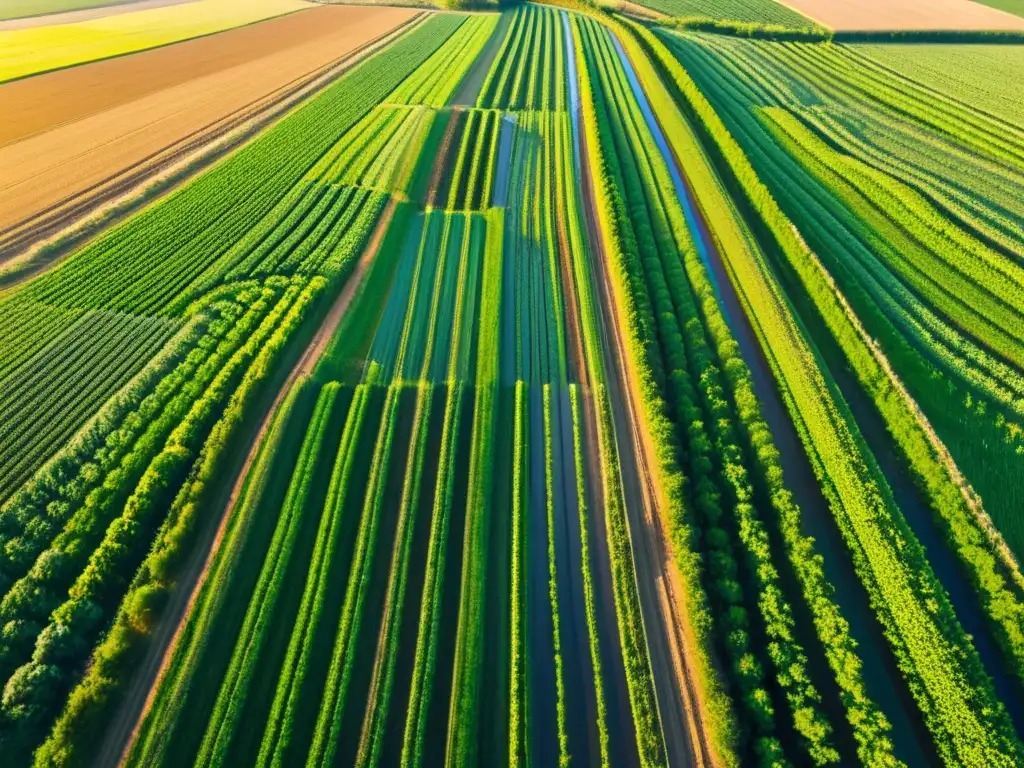 Vista aérea impactante del tractor en agricultura: campos verdes y río serpenteante bajo la luz dorada del atardecer