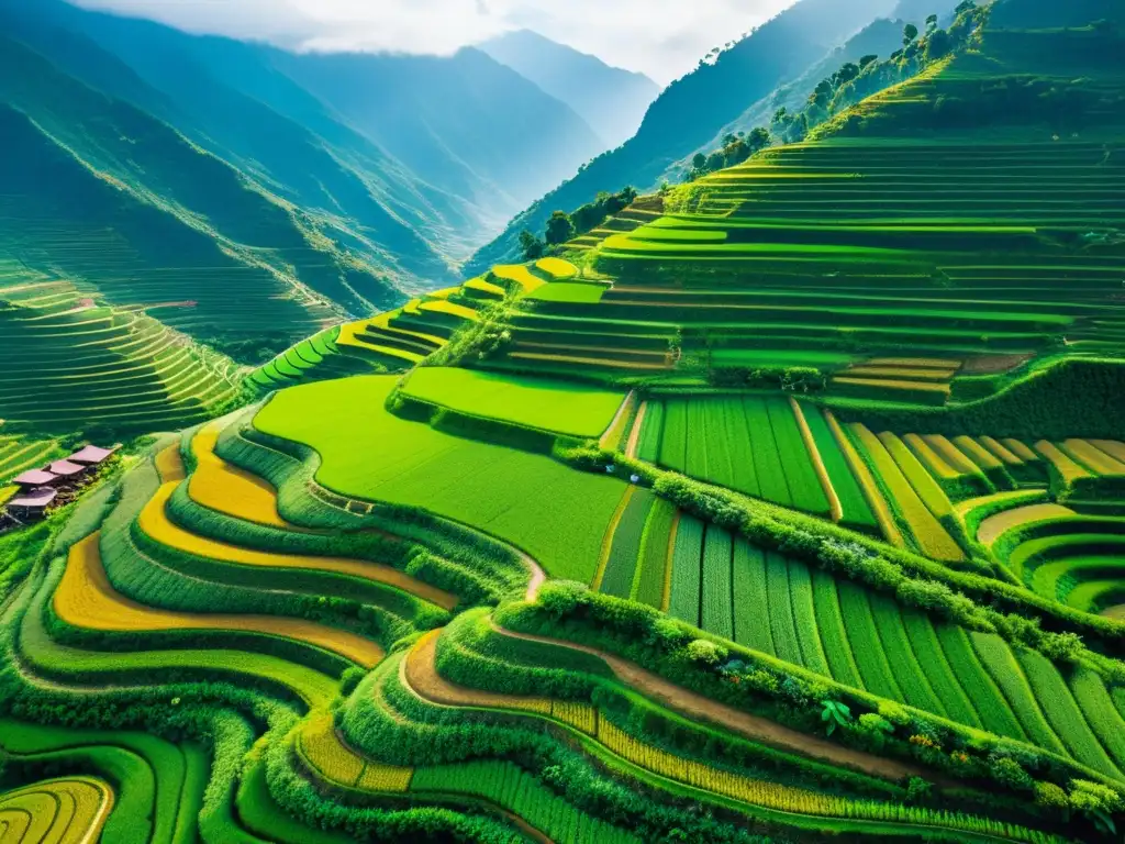 Vista aérea impresionante de cultivo en terrazas en montañas verdes