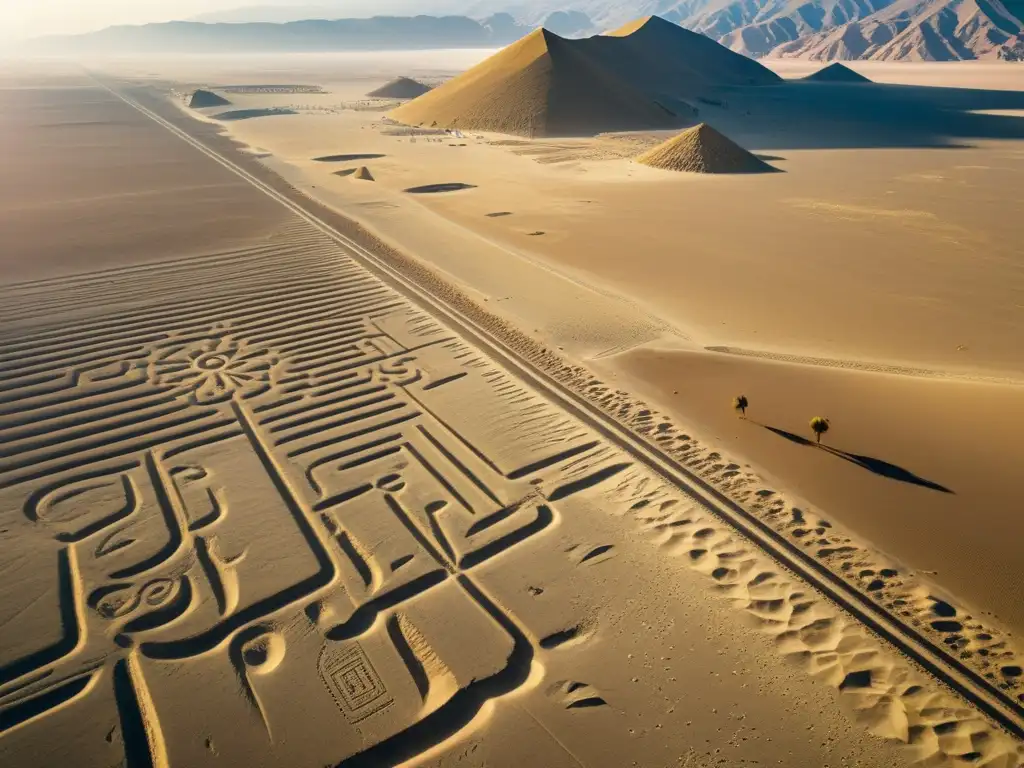 Vista aérea de las misteriosas Líneas de Nazca, revelando figuras geométricas y animales grabados en el suelo del desierto