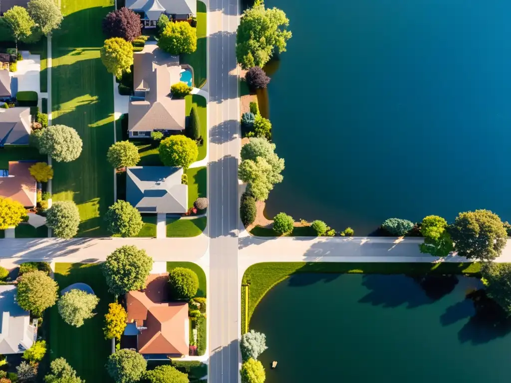 Vista aérea de vecindario suburbano con calles arboladas y casas