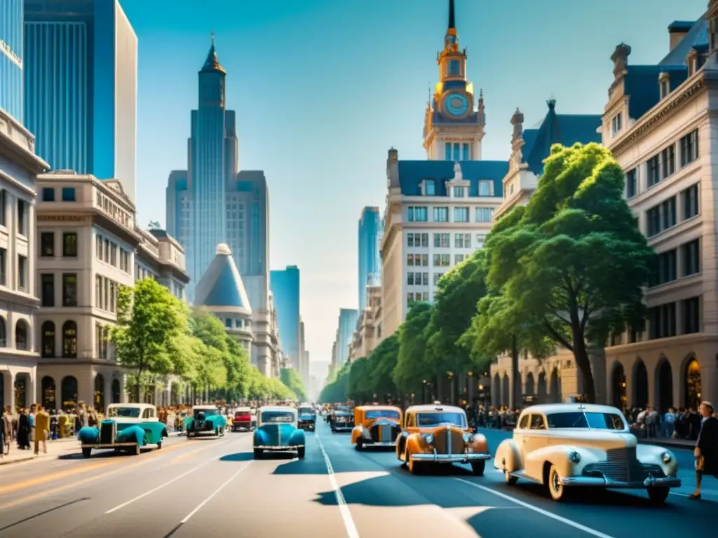 Vista de una bulliciosa calle de la ciudad con vehículos antiguos y modernos, interconexión vehículos autónomos ciudades inteligentes