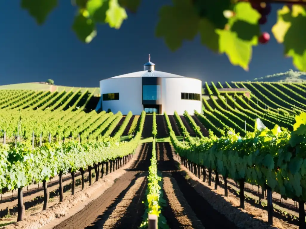 Vista cercana de un viñedo moderno con innovaciones en la viticultura, mostrando filas de vides y uvas maduras, bañadas por la cálida luz del sol