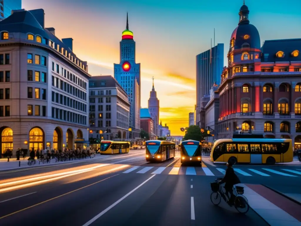 Vista de una ciudad con arquitectura vintage y sistemas de transporte público futuristas integrados en el paisaje histórico