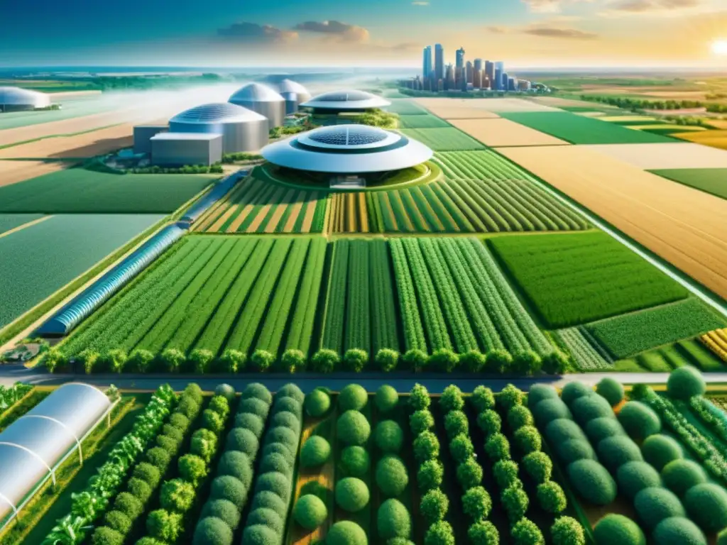 Vista 8k de una ciudad agrícola futurista, con ingeniería genética en cultivos y tecnología avanzada