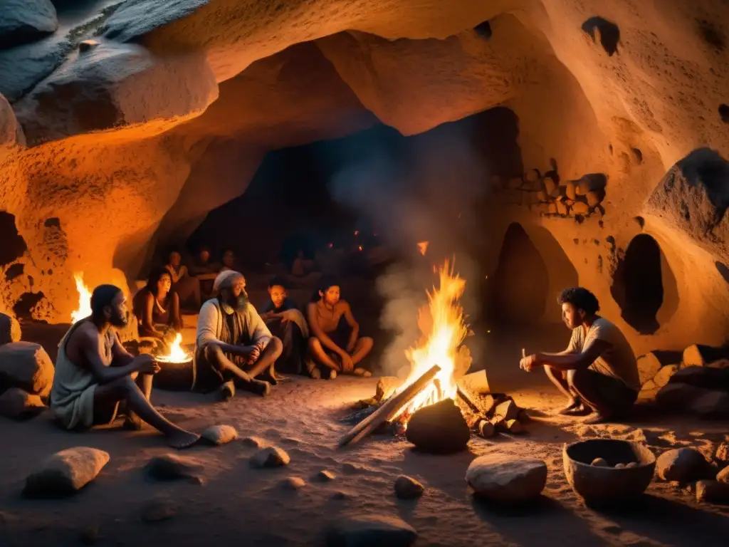 Vista detallada de cueva iluminada por fuego, donde antiguos humanos evolucionan en iluminación