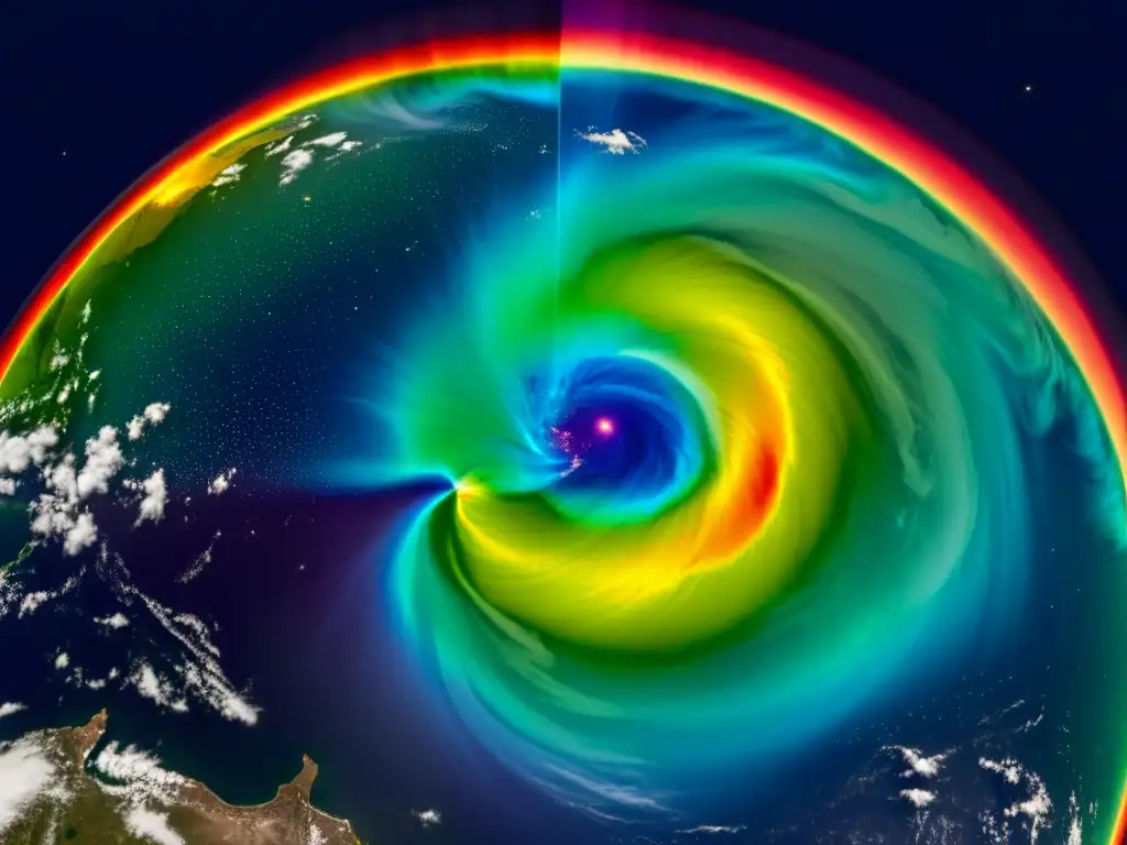 Vista detallada de la magnetosfera terrestre, mostrando auroras coloridas y la interacción dinámica con el viento solar