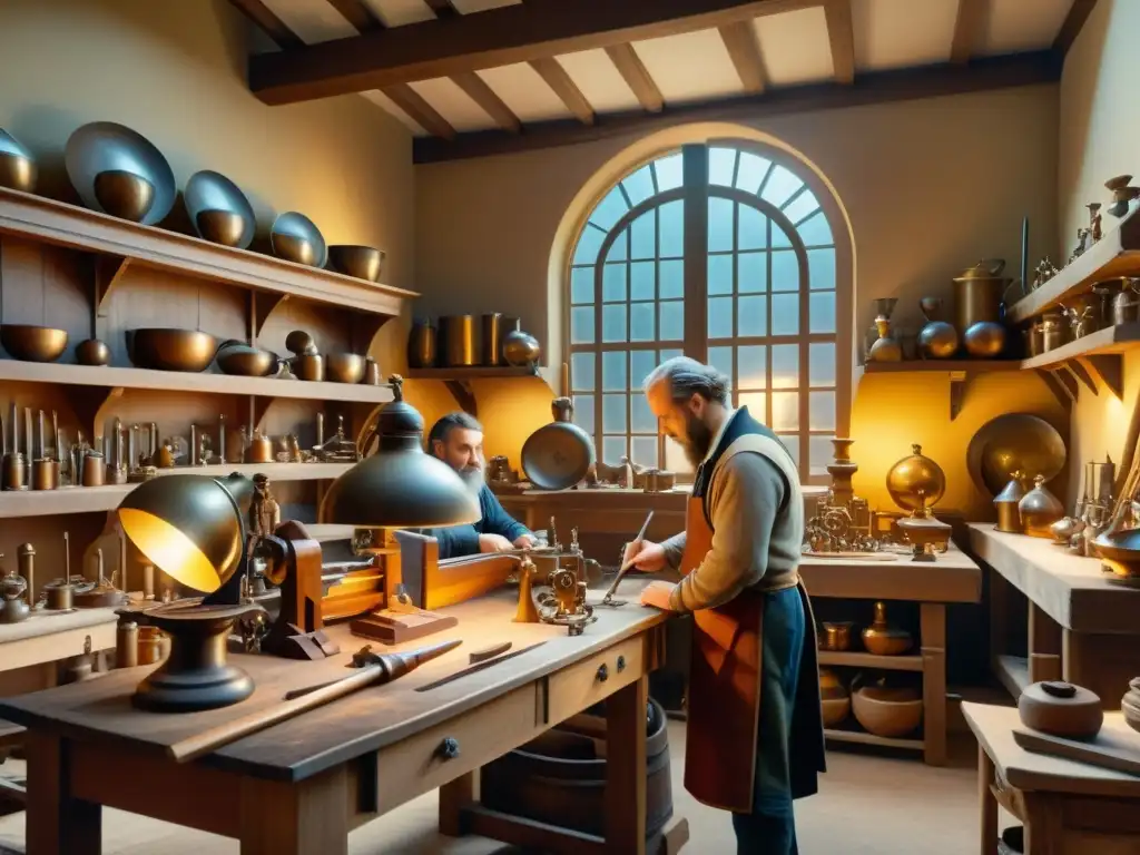 Vista detallada de una pintura renacentista de un taller con la aplicación de la lente convexa en gafas