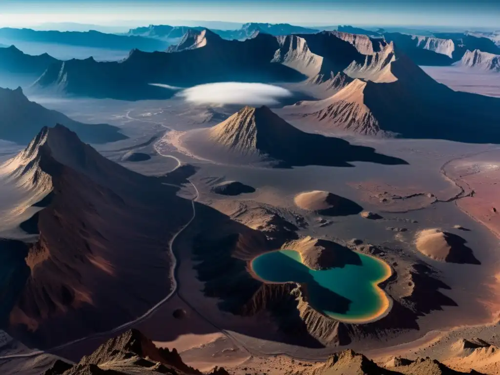 Vista detallada de la superficie venusiana, con montañas, valles y nubes de ácido sulfúrico