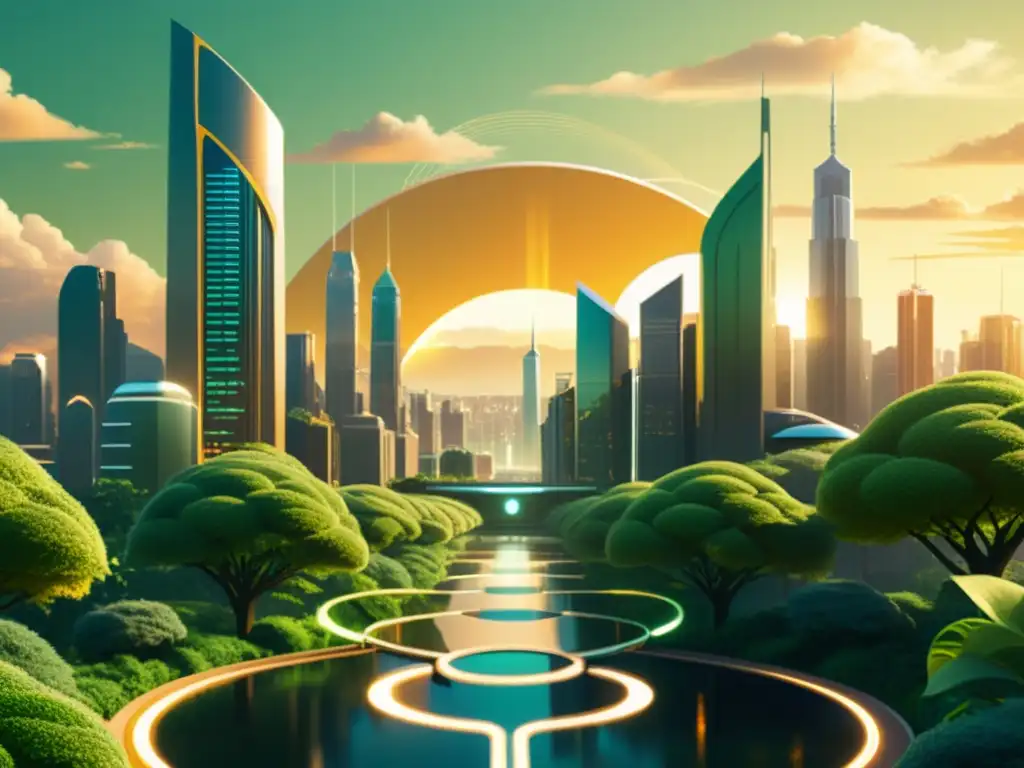 Vista futurista de la ciudad con rascacielos metálicos y naturaleza exuberante, bañada en cálida luz dorada