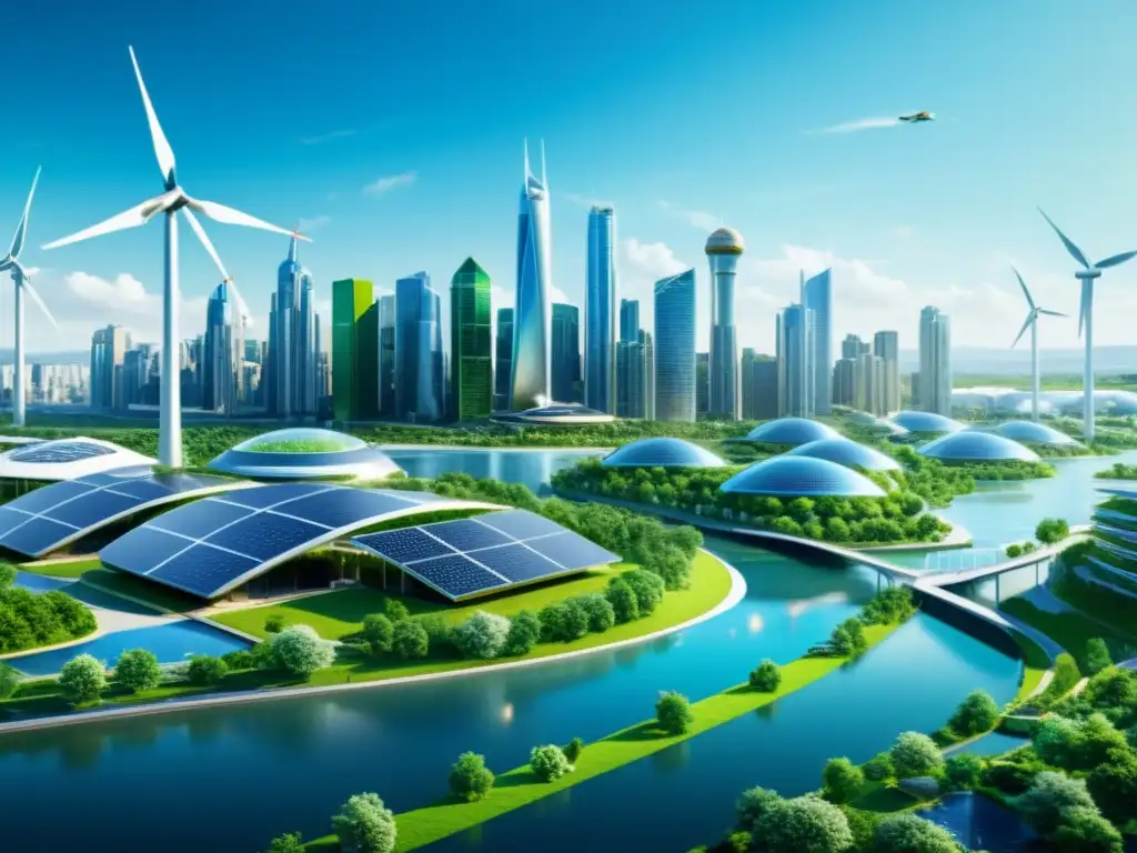 Vista futurista de una ciudad sostenible con tecnologías clave cambio climático, edificios verdes, paneles solares y vehículos eléctricos