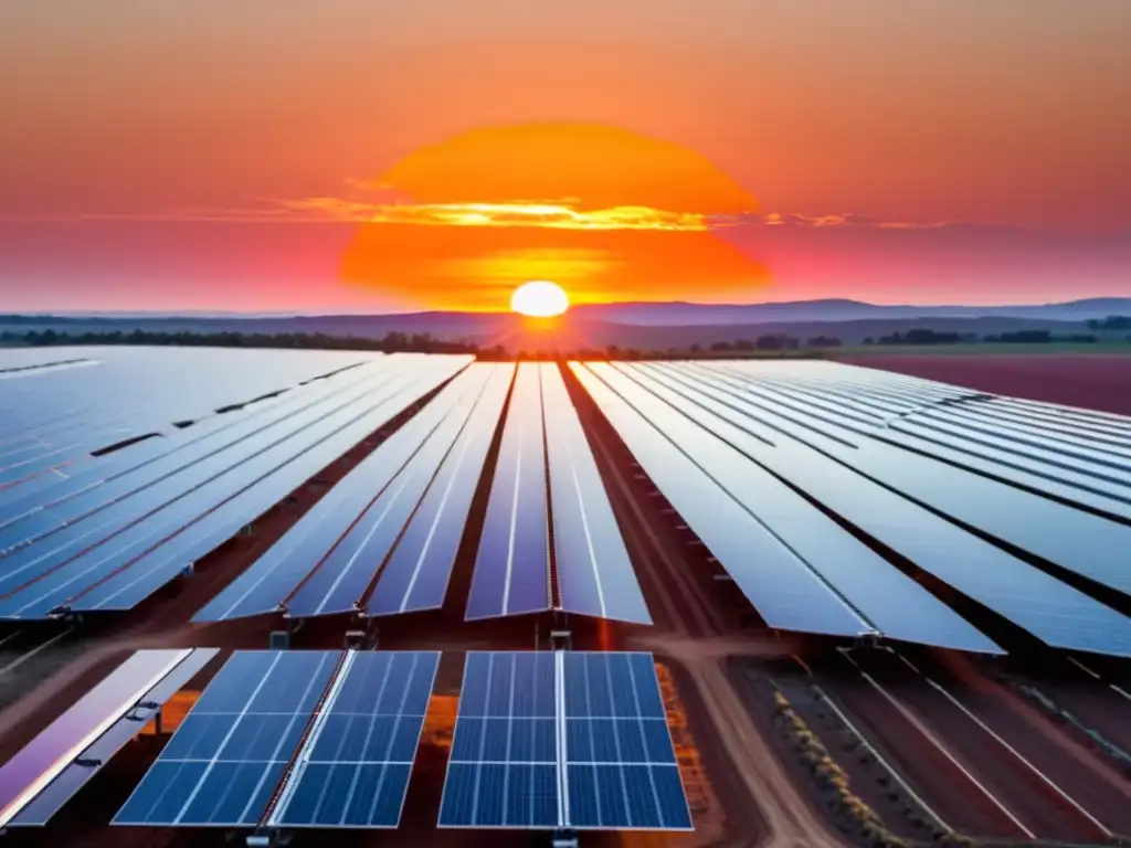 Vista impresionante de granja solar simétrica con paneles brillantes bajo un atardecer cálido