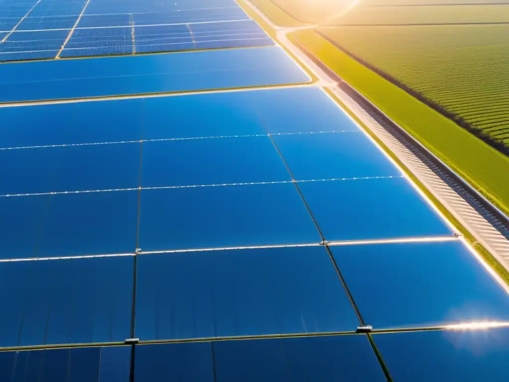 Vista impresionante de granja solar con paneles relucientes, captando la revolución energía solar sostenible en paisaje montañoso nevado