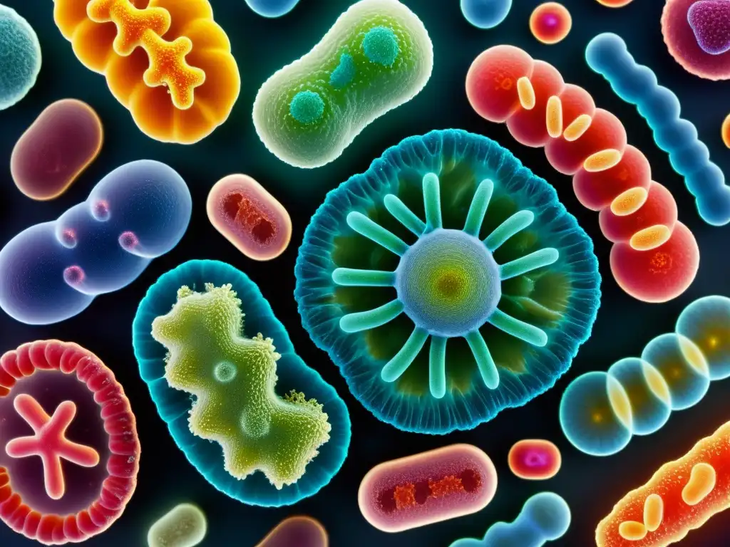 Una vista microscópica de diversas cepas de bacterias, destacando sus formas, tamaños y colores vibrantes