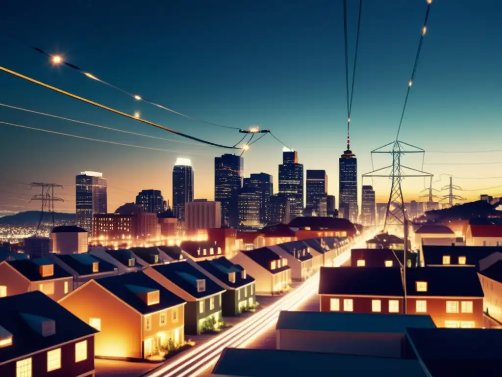 Vista nocturna de la ciudad con red de smart grids revolucionando la distribución de energía urbana, edificios iluminados y líneas de energía