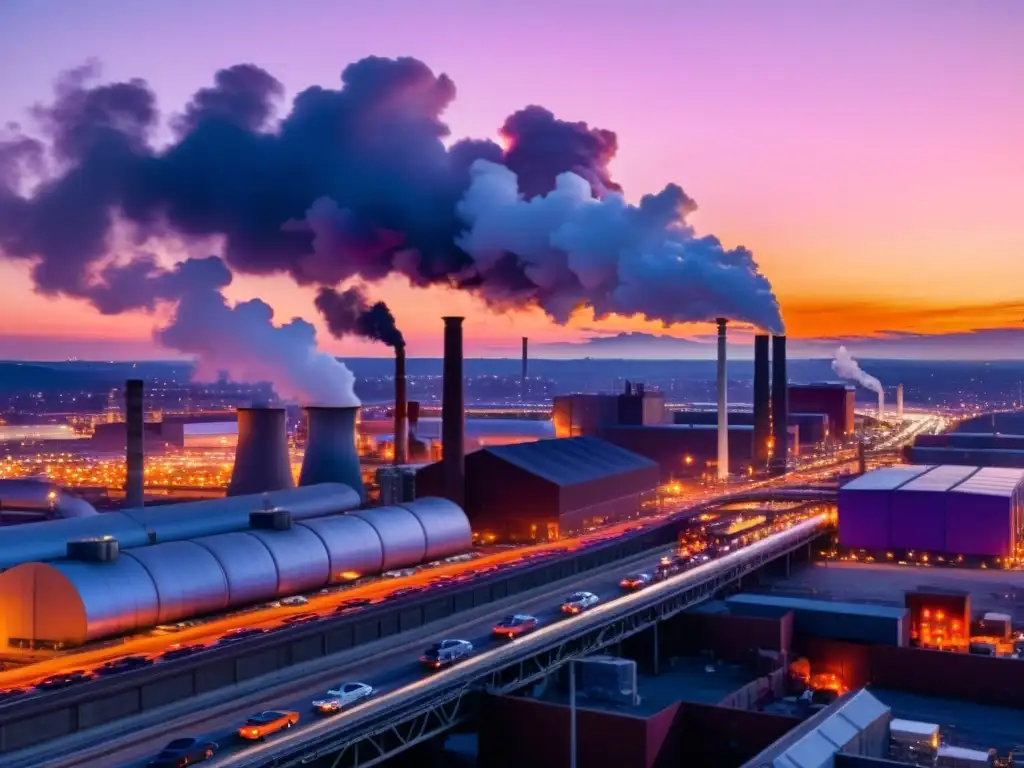 Vista panorámica de una ciudad industrial al atardecer, desafiante y llena de oportunidades