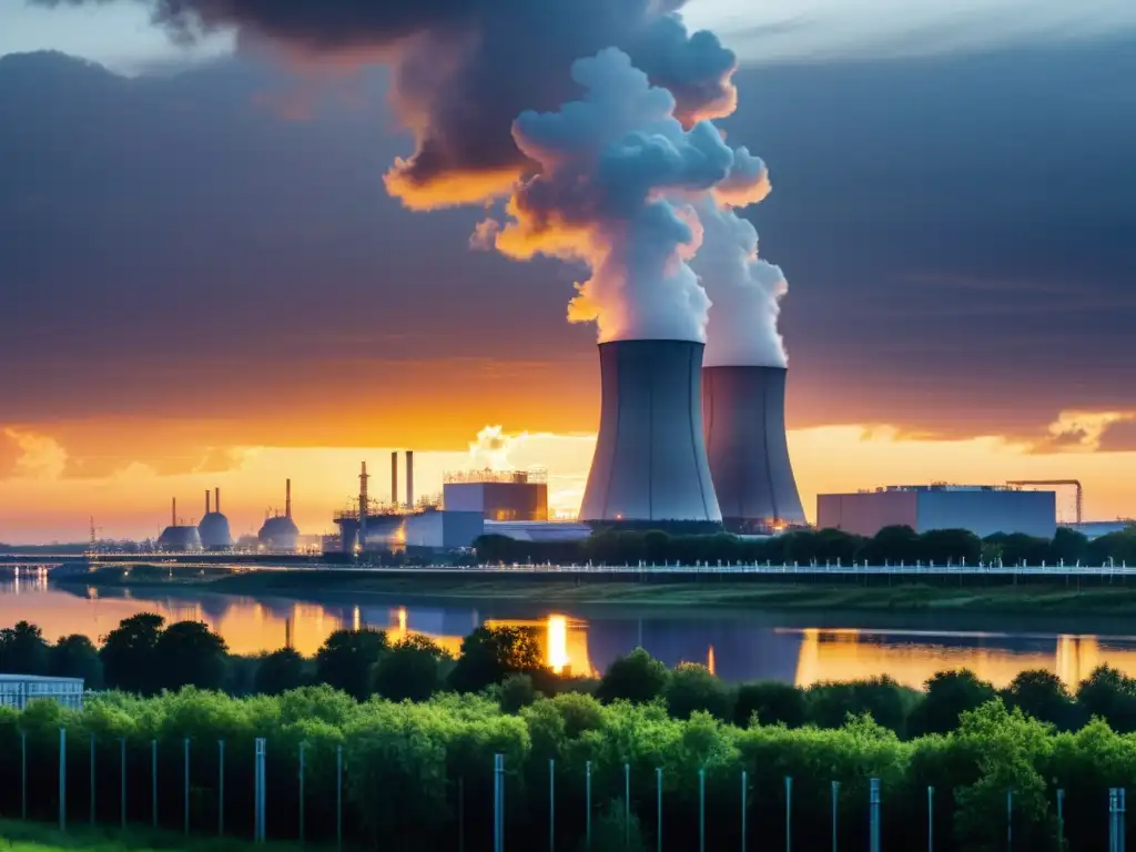 Una vista panorámica detallada de una planta nuclear al anochecer, con las torres de enfriamiento emitiendo vapor suave contra el cielo oscurecido