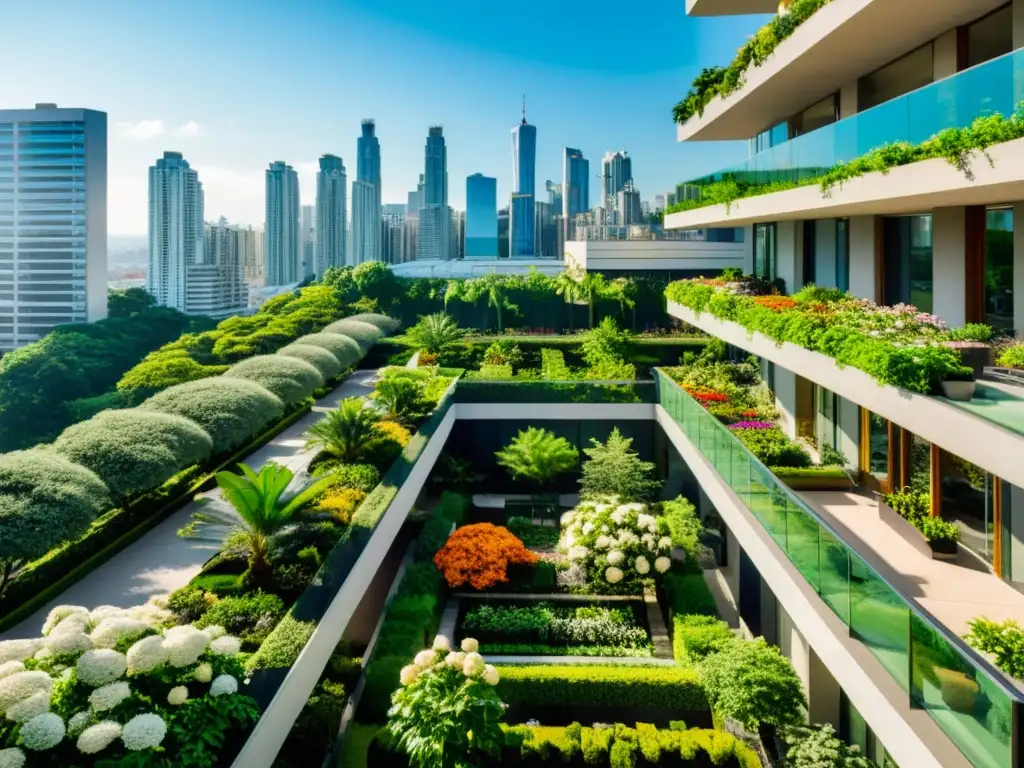 Vista panorámica urbana con techos verdes, jardines y paisajes naturales