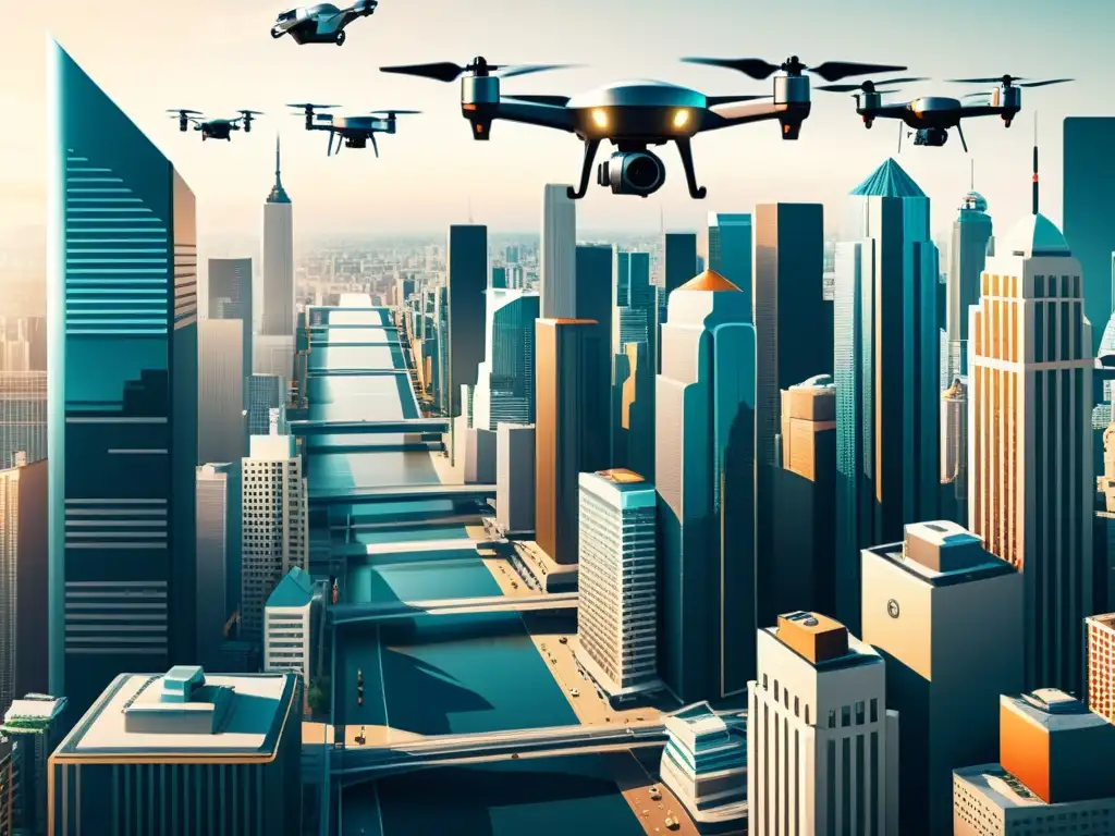 Vista vintage de ciudad con drones de desarrollo tecnológico impacto, fusionando tradición y vanguardia