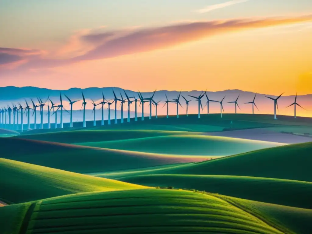 Vista vintage de un extenso parque eólico al atardecer, evocando la evolución de la energía eólica