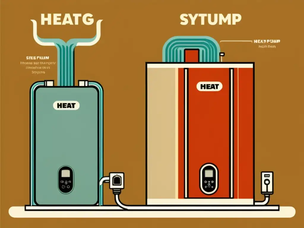 Comparación visual entre sistema de calefacción tradicional y moderna bomba de calor, destacando eficiencia y ahorro energético