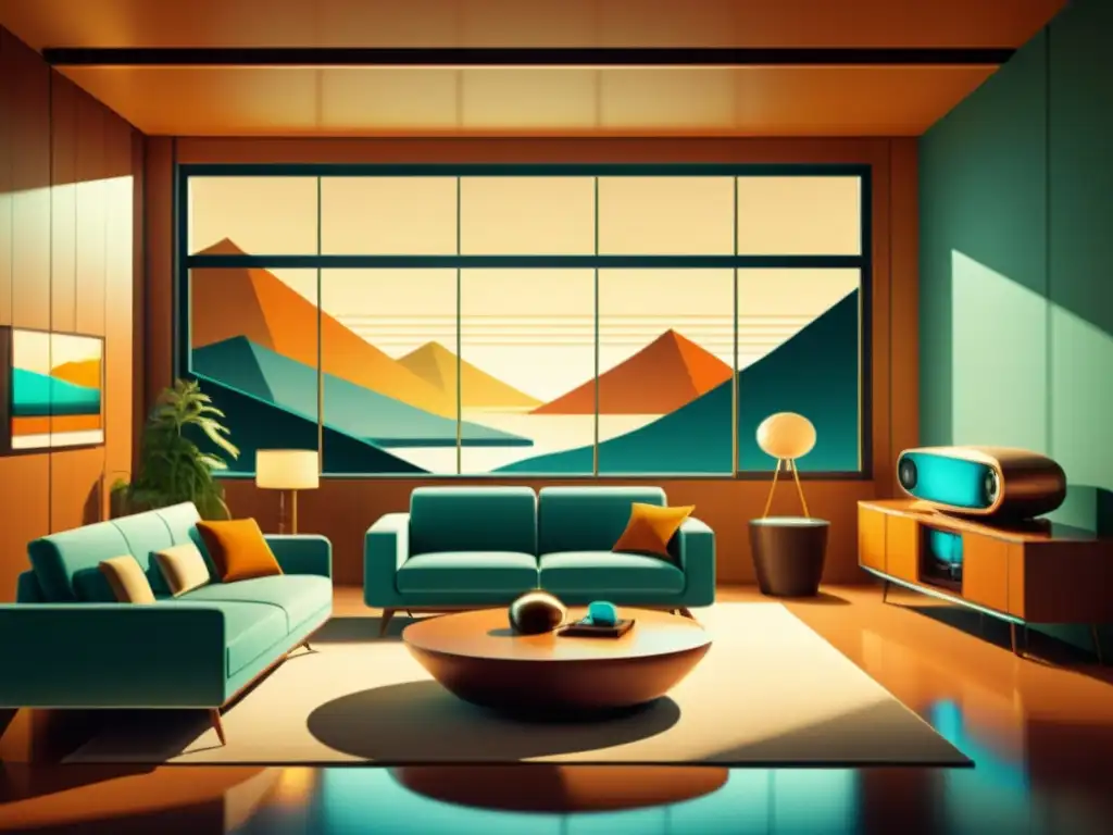 Una ilustración vintage de una vivienda inteligente futurista, combina muebles modernos con IA, equilibrando tradición y tecnología