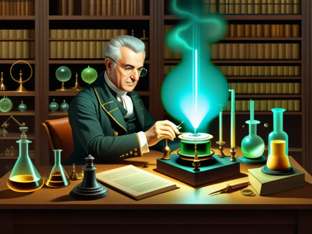 Alessandro Volta experimentando con su pila voltaica en un laboratorio histórico iluminado por la electricidad